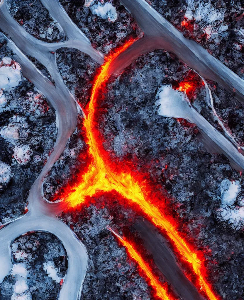 Prompt: Icy road on a planet of lava, flames alongside the road, perspective from above the car, photorealism, 4k