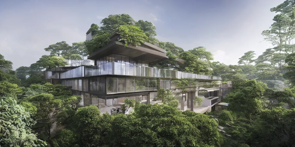 Prompt: 3d rendering of beautiful nature meets architecture concept of a residential house by Kengo Kuma, greg rutkowski and studio ghibli, volumetric lighting, luxury, high detail, 14mm, glass railing, outdoor staircase, terraces, roof garden, cinematic photography, cg architects, high resolution