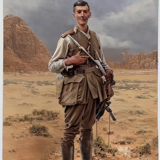 Image similar to a detailed photorealistic sepia - toned color portrait painting of a 1 9 1 7 worried clean - shaven british lieutenant in field gear from the arab bureau in wadi rum, ultra realistic, intricate details, atmospheric, dark, brooding, highly detailed, by clyde caldwell