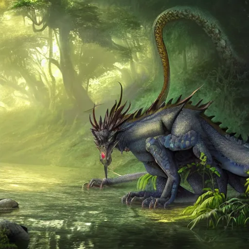 Prompt: a gargantuan dragon idly standing in a forest, peacefully drinking river water, trending on artstation, digital art, 4 k quality