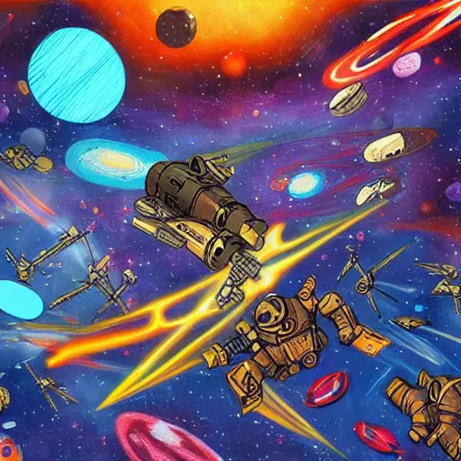 Image similar to an epic space battle, mixed art styles