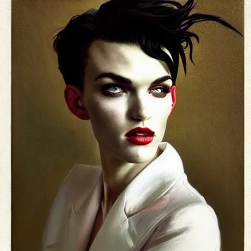 Image similar to stunning portrait of androgynous ruby rose as desire from sandman in a white tuxedo!!!, rockabilly style,, by alphonse mucha, by jeremy mann, by peter lindbergh, dave mckean, by mikko lagerstedt, by frank moth, white suit and black tie, soft lightning, high detailed, 8 k