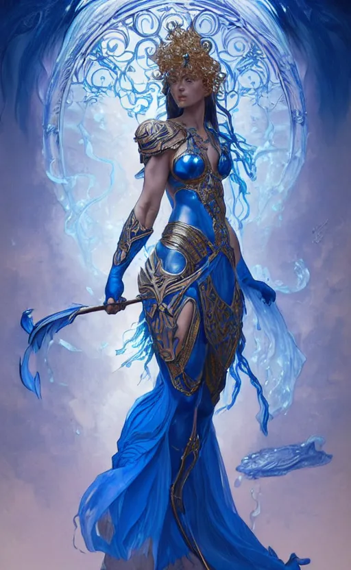 Image similar to a goddess of water wearing blue armor, with arms and hair turning into water, fantasy, intricate, elegant, highly detailed, digital painting, artstation, concept art, wallpaper, smooth, sharp focus, illustration, art by artgerm and greg rutkowski and alphonse mucha