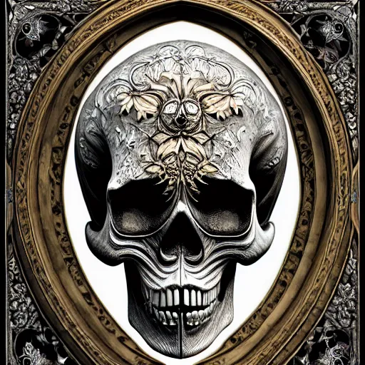 Image similar to ornate antique porcelain beautiful skull mask memento mori by arthur rackham, art forms of nature by ernst haeckel, ultrasharp, photorealistic, hyperdetailed, octane render, polished, art nouveau, gothic, intricate ornamental organic filigree, art nouveau botanicals, art forms of nature by ernst haeckel, horizontal symmetry, symbolist, visionary