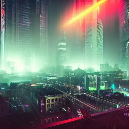 Prompt: atmospheric cyberpunk cityscape at night, volumetric neon lightning with fog, very detailed, 8 k, trending on artstation