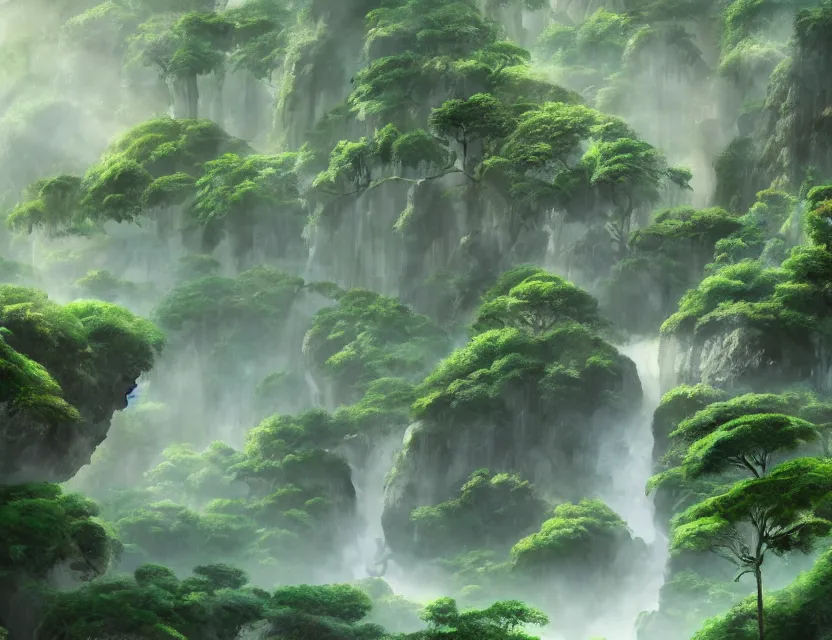 Prompt: a cinematic widescreen photo of a winding path to epic ancient japanese temples with hot springs on the top of a mountain in a misty bamboo cloud forest with colossal waterfalls at dawn by studio ghibli and roger dean, terraced, mystical, trending on artstation