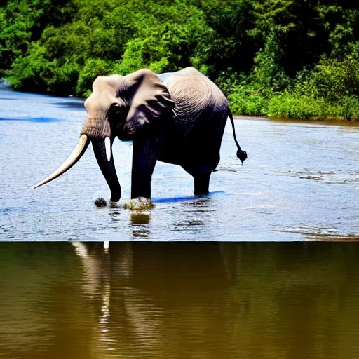 Image similar to An elephant walking in a river, XF IQ4, 150MP, 50mm, f/1.4, ISO 200, 1/160s, natural light, Adobe Photoshop, Adobe Lightroom, DxO Photolab, Corel PaintShop Pro, rule of thirds, symmetrical balance, depth layering, polarizing filter, Sense of Depth, AI enhanced