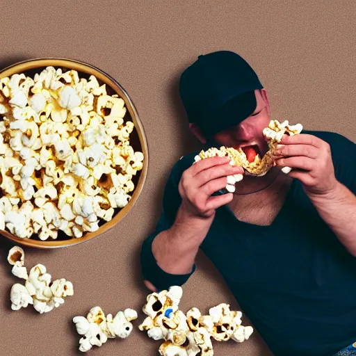 Image similar to photo of a man eating popcorn, another man on the floor with a broken back, another man on the floor vomiting all over himself, and another man breaking the roof