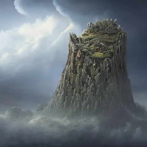 Prompt: ruined, covered by lichen skyscraper with many windows on top of mountain. Spaceship far in the sky, by amandine van ray and christophe vacher, cloudy, dreamy, detailed, 4k resolution