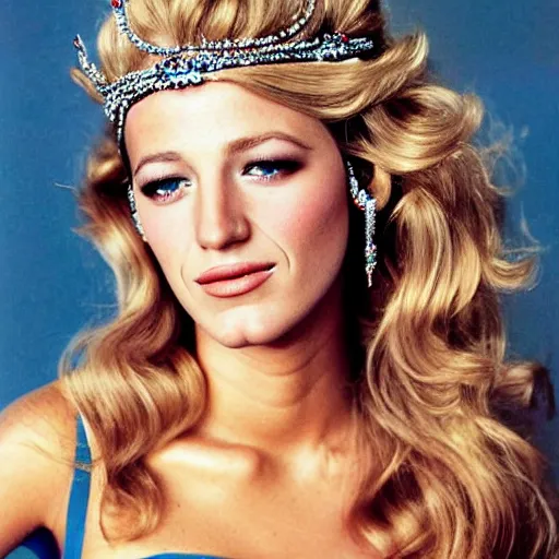 Prompt: beautiful portrait of blake lively as a gorgeous blonde haired blue - eyed queen of sparkles wearing a tiara, with farah fawcett hair, a sparkling dress, and glasses by alan lee