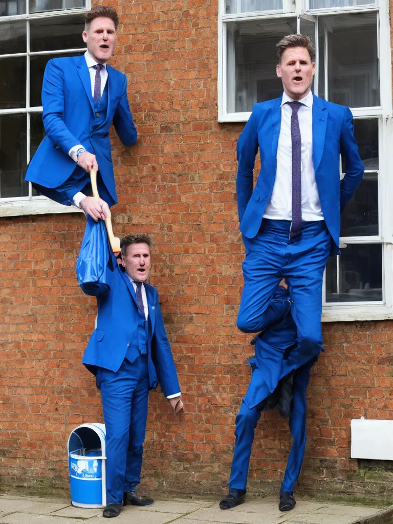 Prompt: Sir Kier Starmer wearing a blue suit angry as he throws a bin through a window