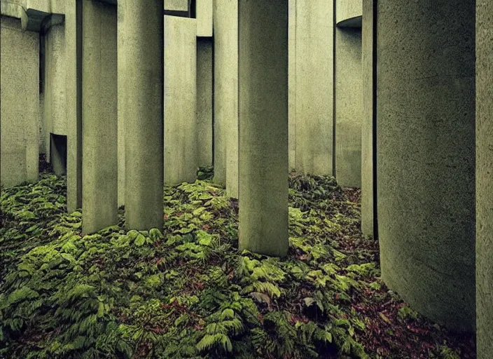 Image similar to “ brutalist architecture, psychedelic forest ”