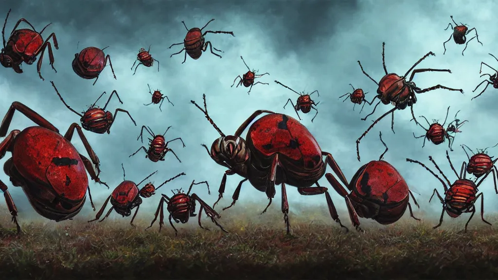 Image similar to cinematic painting of an army of giant bugs