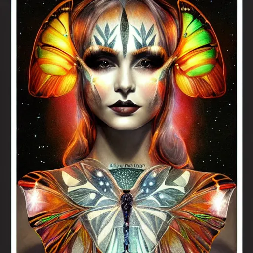 Image similar to photorealistic painting of beautiful art deco faerie queen with glowing eyes, moth wings with geometric patterns, reflective detailed textures, highly detailed dark fantasy science fiction painting, silver and cool colors, extremely detailed, artstation