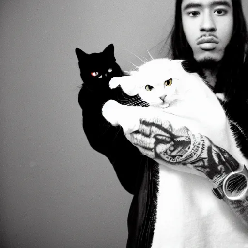 Image similar to nyc rapper holding a cat, fish eye lens, 3 5 mm film camera