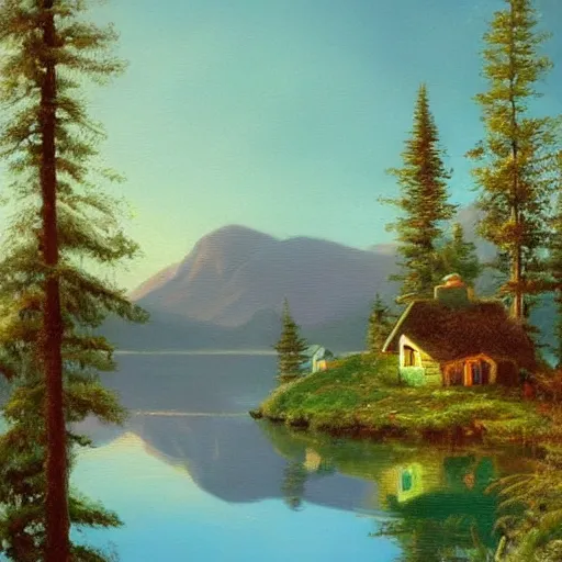 Image similar to small robot cottage at the edge of a lake in the mountains, painting by frank moth, soft glowing windows, early evening, reflections, pine trees, detailed, outlined