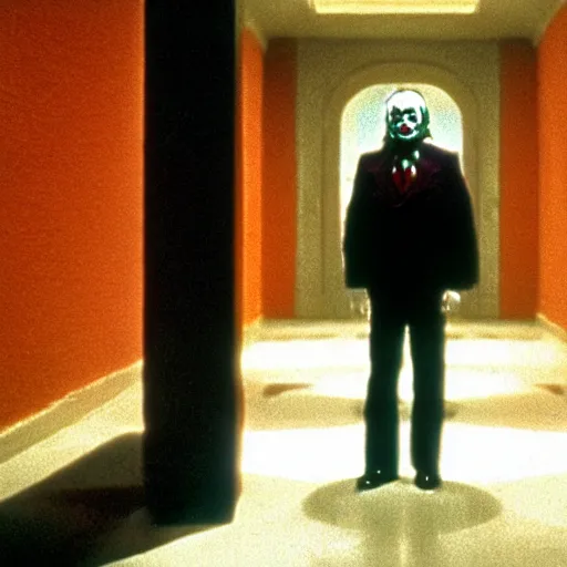 Image similar to jack torrance as the joker in the shining, standing at end of long hall, widescreen shot, anamorphic film, screenshot by stanley kubrick