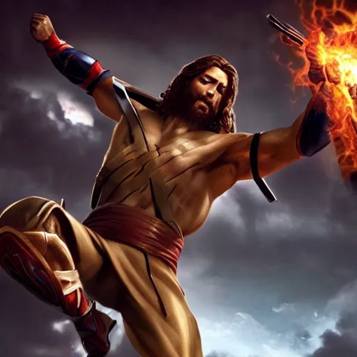 Image similar to jesus christ fighting alongside the avengers, using his cross as weapon, photorealistic, cinematic lighting, extremely detailed, marvel cinematic universe