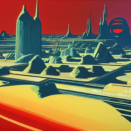 Image similar to martian city, otherwordly, by syd mead