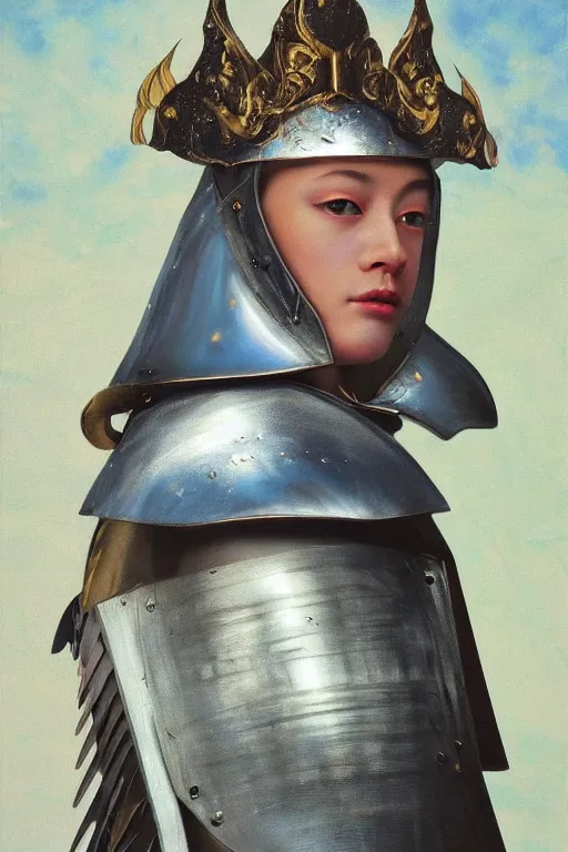 Image similar to hyperrealism oil painting, close - up portrait of caucasian medieval fashion model, knight, steel gradient mixed with nebula sky, in style of baroque mixed with 7 0 s japan book art