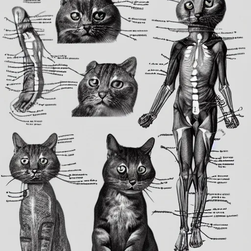 Image similar to anatomy of a cat with sketch drawings and arrows explaining each body part, da vinci notes, ultradetailed, anatomy study, artstation