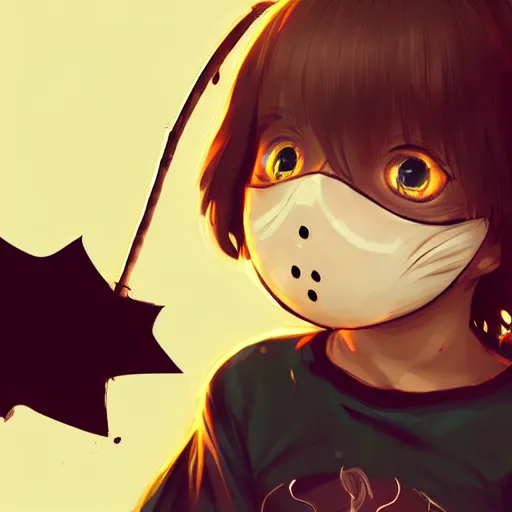 Image similar to cute little boy anime character inspired by jason voorhees art by rossdraws, wlop, ilya kuvshinov, artgem lau, sakimichan and makoto shinkai, anatomically correct, extremely coherent, highly detailed, sharp focus, slasher movies, smooth, red lighting, very realistic, symmetrical h 5 7 6