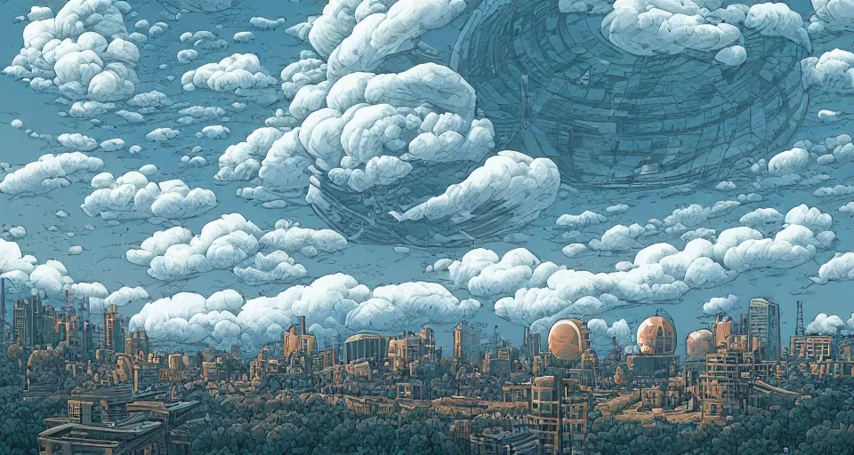 Image similar to an oval aesthetic build floating amongst the clouds. by dan mumford.