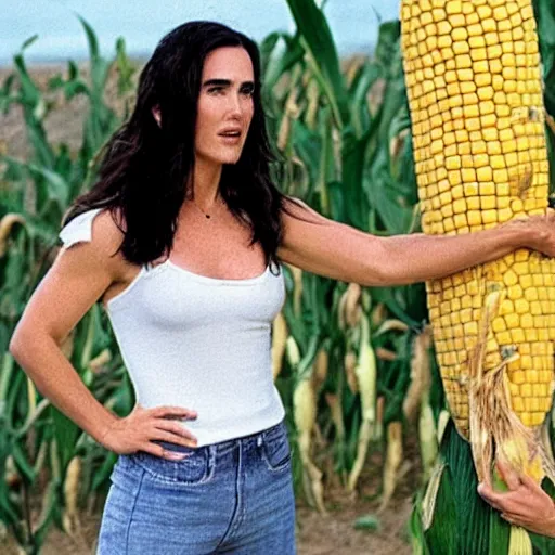 Prompt: jennifer connelly emerging from a giant piece of corn