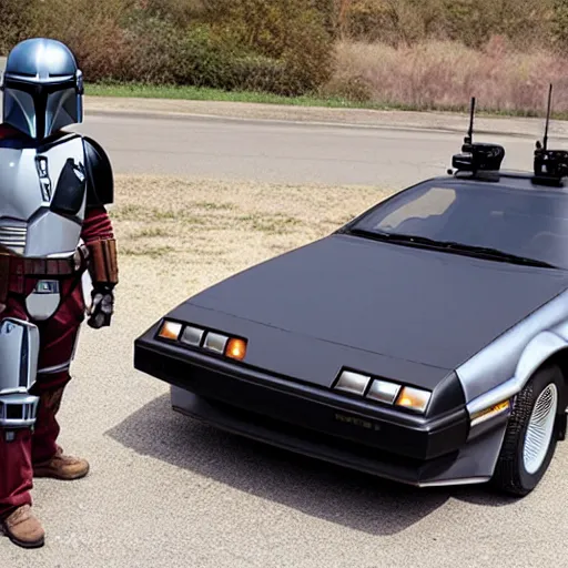 Image similar to the ( mandalorian ) standing next to a delorean