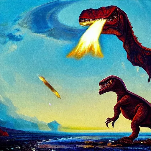 Image similar to masterful oil painting, a meteor crashing to earth while a dinosaur watches it