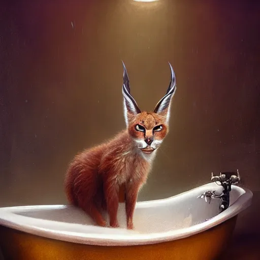 Image similar to fluffy cute caracal in a bathtub, fullbody, ultra high detailed, glowing lights, oil painting, Greg Rutkowski, Charlie Bowater, Beeple, unreal 5, DAZ, hyperrealistic, octane render, RPG portrait, dynamic lighting, fantasy art, beautiful face