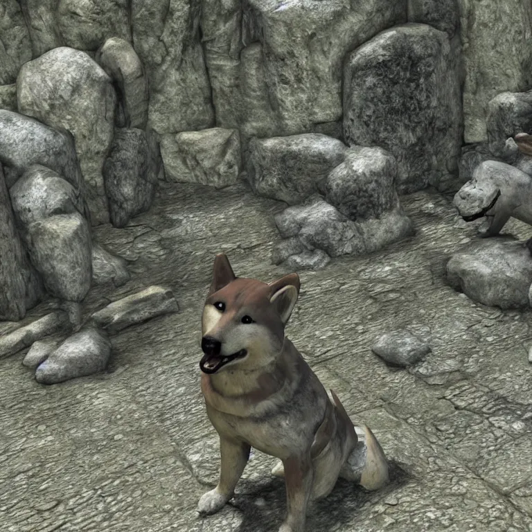 Image similar to a stone shiba inu statue guarding a draugr tomb in skyrim