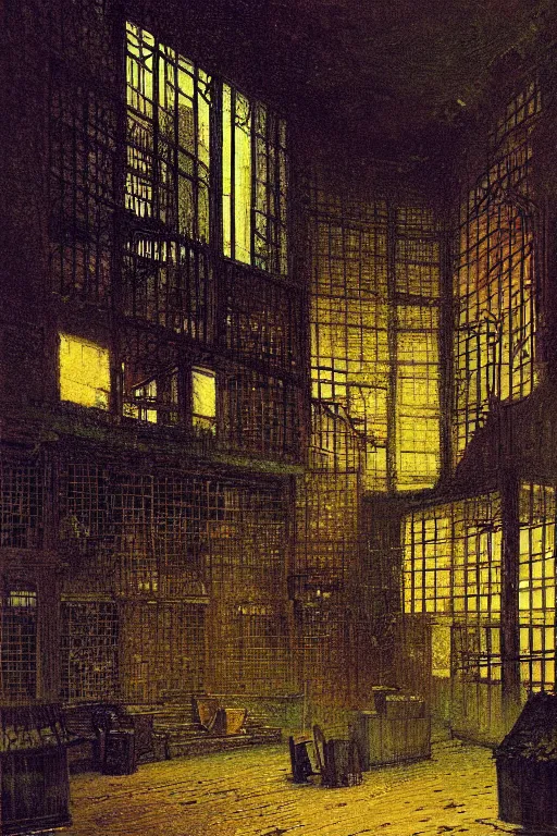 Prompt: a beautiful painting digital of a hall at night with broken windows with wooden crates metal grids by john atkinson grimshaw