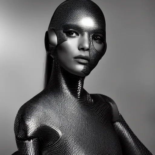 Prompt: portrait of a stunningly beautiful futuristic female robot, black and whit armour, from a chris cunningham music video, depth of field, zeiss lens, detailed, symmetrical, centered, fashion photoshoot, by Annie Leibovitz and Steve McCurry, David Lazar, Jimmy Nelsson, Breathtaking, 8k resolution, extremely detailed, beautiful, establishing shot, artistic, hyperrealistic, beautiful face, octane render