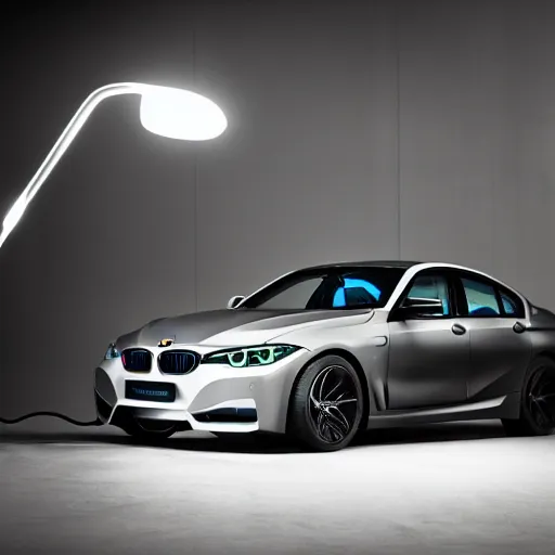 Image similar to product shot of black BMW, neon lights