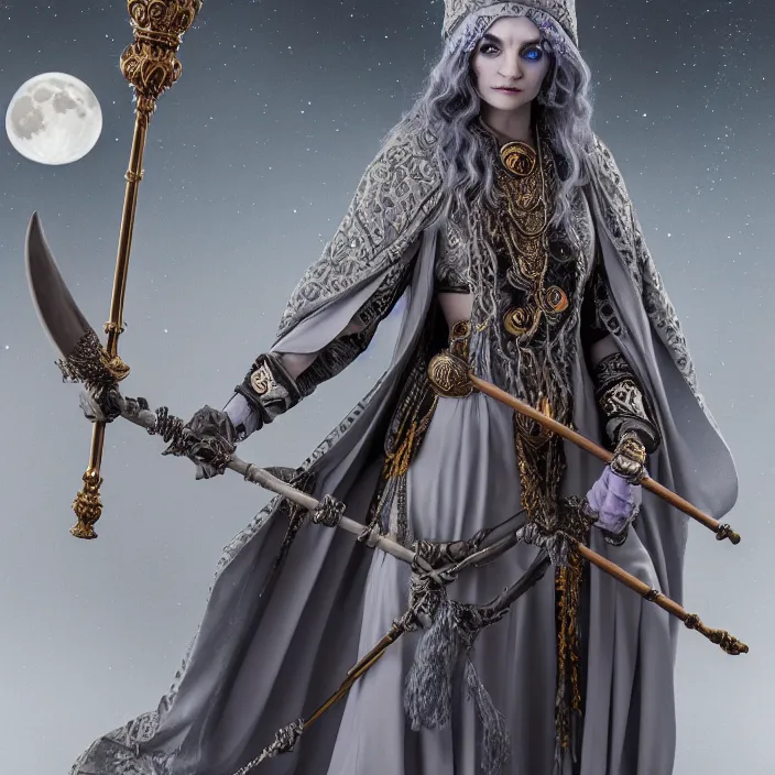 Prompt: photograph of a real-life beautiful elemental moon witch with ornate grey robes and staff. Extremely detailed. 8k