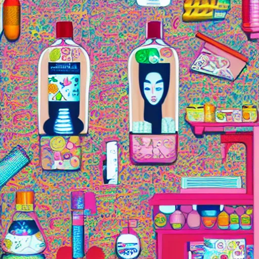 Image similar to pills, powders, acid tabs and syringes by tristan eaton and james jean, chiho aoshima color scheme