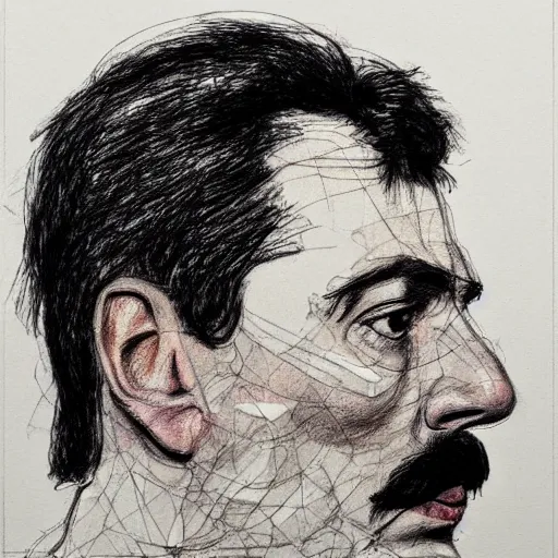 Image similar to a realistic yet scraggly portrait sketch of the side profile of a stern and sophisticated freddie mercury, trending on artstation, intricate details, in the style of frank auerbach, in the style of sergio aragones, in the style of martin ansin, in the style of david aja, in the style of mattias adolfsson