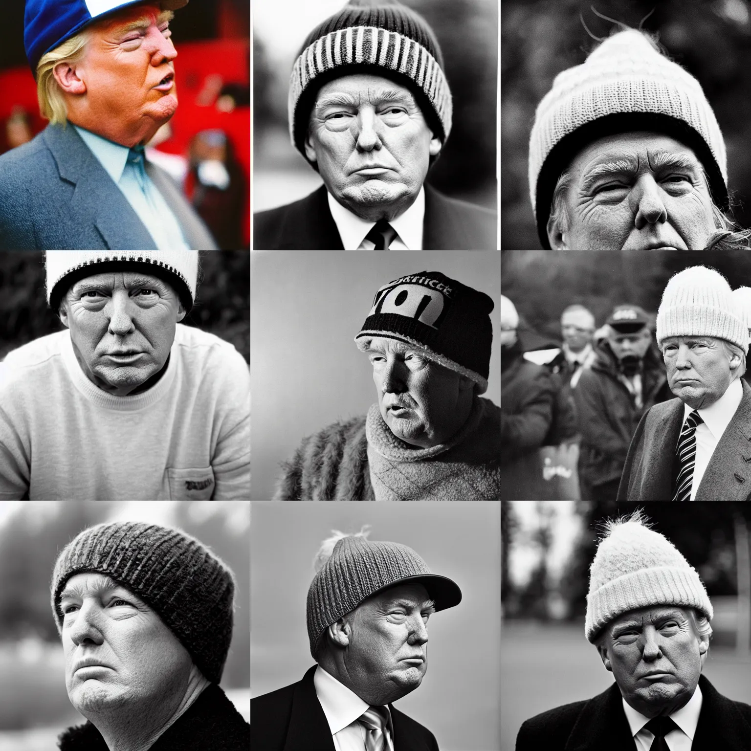 Prompt: Donald Trump with a wooly hat, 35mm photograph