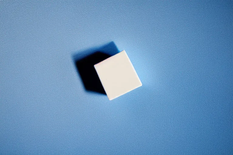 Image similar to single blue cube on white studio floor, soft light, 3 5 mm