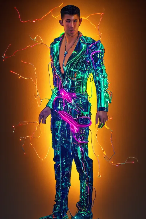 Image similar to full-body bladerunner neon rococo style sculpture of a handsome Spanish Nick Jonas as a half cibernetic android with a chest opening exposing circuitry and electric sparks, glowing laser beam eyes, crown of giant diamonds, flowing neon-colored silk, fabric, raptors. intricate artwork by caravaggio. Trending on artstation, industrial lighting , photorealistic, octane render, 8k, depth of field, 3D