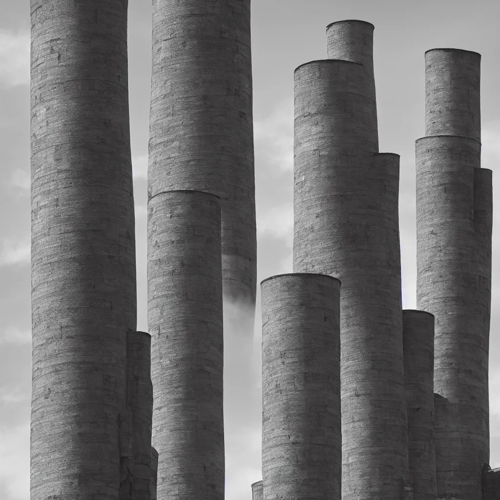 Image similar to giant shrek standing between two big soviet brutalist architekture chimneys, black and white, history channel, very detailed, 4 k, professional photography