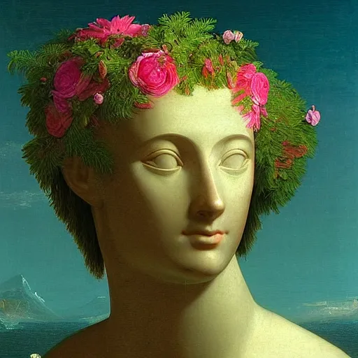 Image similar to Thomas Cole, Thomas Cole, award winning masterpiece with incredible details, Thomas Cole, a surreal vaporwave vaporwave vaporwave vaporwave vaporwave painting by Thomas Cole of an old pink mannequin head with flowers growing out, sinking underwater, highly detailed Thomas Cole