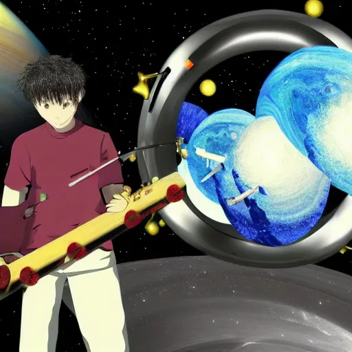 Image similar to anime of jacob collier on space hitting saturn rings with drum sticks