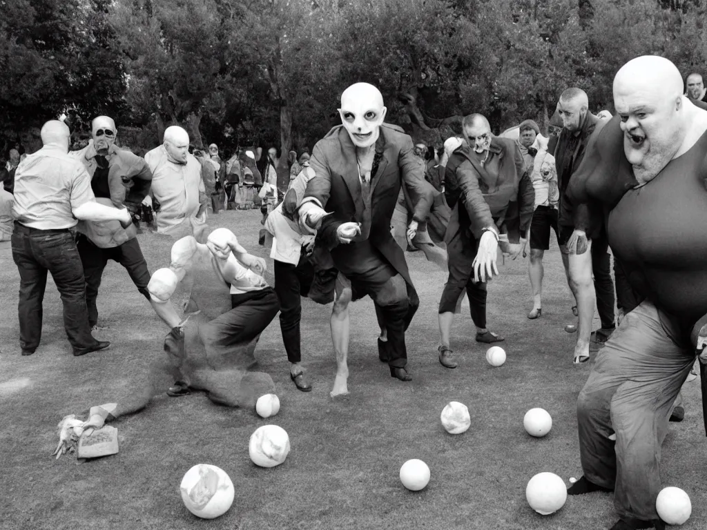 Image similar to nosferatu is playing petanque balls with french fat dudes in south of france