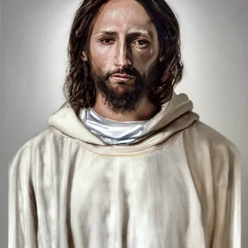 Image similar to a full body portrait of modern day jesus wearing cream yeezy menswear collection by nicola samori, hat and hoodie, detailed, oil painting, hyper realistic, 8 k, yeezy collection