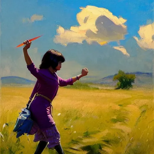 Image similar to Greg Manchess painting of dora the explorer, countryside, fantasy character portrait, dynamic pose, above view, sunny day, thunder clouds in the sky, artwork by Jeremy Lipkin and Giuseppe Dangelico Pino and Michael Garmash and Rob Rey, very coherent asymmetrical artwork, sharp edges, perfect face, simple form, wacky, 100mm