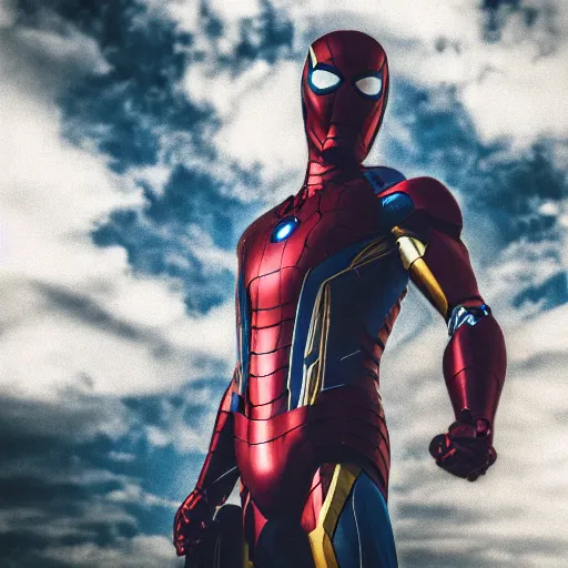 Image similar to a single iron man and spider - man hybrid, dslr, polaroid