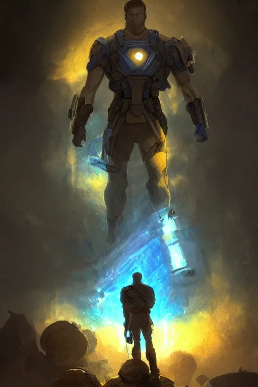 Image similar to a distant shot of a super soldier with blue and yellow flag and standing alone on a huge pile of human skulls as a winner, masculine figure, D&D, fantasy, bright hopeful atmosphere, volumetric lights, beam of bright light through the clouds, intricate, elegant, highly detailed, extremely detailed, digital painting, artstation, concept art, matte, smooth, sharp focus, hyper realistic, illustration, art by Artgerm and Greg Rutkowski and Alphonse Mucha