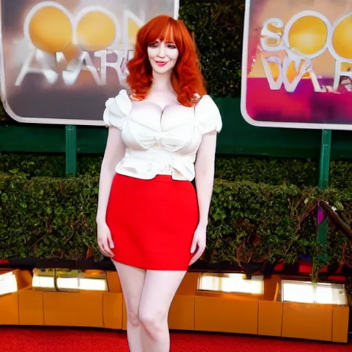 Prompt: christina hendricks with mini warp skirt,